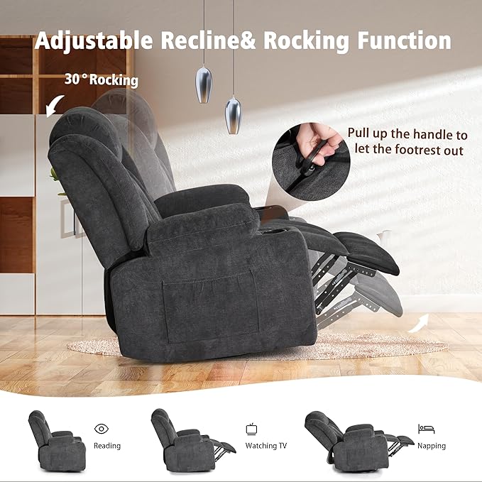 Rocker Swivel Recliner Chair for Adults, Overstuffed Large Manual Recliner Glider with Massage and Heat, Comfy Soft Fabric Living Room Reclining Sofa Chair (Black Fabric)