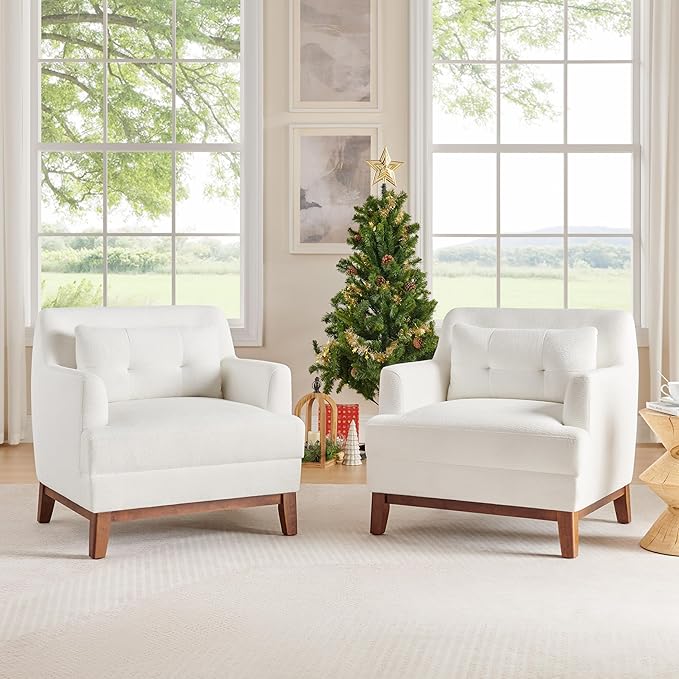 Modern Accent Chair with Terry Fabric, Upholstered Armchair with Spring Package Cushion & Solid Wood Frame, Comfy Lounge Chair for Living Room, Bedroom, or Reading Corner, Terry, White