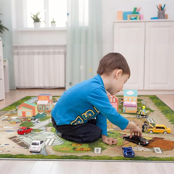 5x7ft Kids Farm Adventure Play Rug,Non-Slip Faux Wool Carpet with Interactive English Words, Educational Travel Map Design for Playroom, Bedroom, Nursery Gift