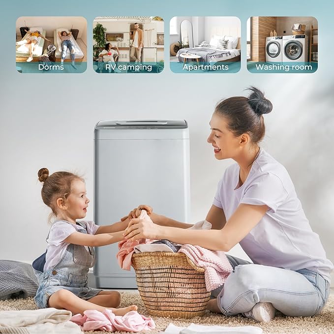 Euhomy 1.03cu.ft Portable Washer, 8.8LBS Capacity Small Portable Washing Machine with 10 Programs 5 Water Levels, Drain Pump and LED Display,Compact Washer for Apartments, RVs, Homes, Light Gray