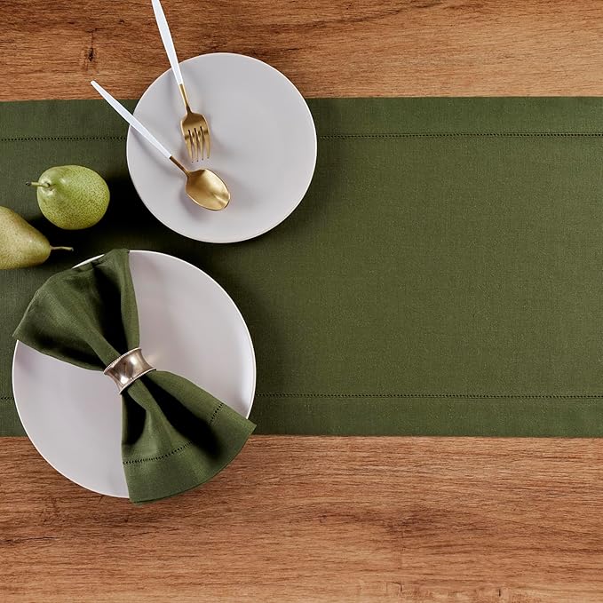 Solino Home Linen Olive Table Runner 108 Inches Long - 100% Pure Linen 14 x 108 Inch Table Runner for Fall, Autumn, Thanksgiving - Classic Hemstitch