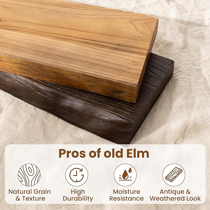Solid Elm Wood Floating Shelves, 36 Inch Wood Floating Shelves for Wall, Live Edge Wooden Shelves Wall Mounted for Books, Bathroom, Kitchen, Walnut Color, Set of 2