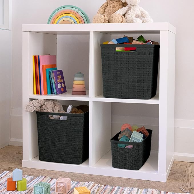 Curver Set of 8 Jute Slim Decorative Plastic Organization and Storage Baskets, Perfect Bins for Home Office, Closet Shelves, Kitchen Pantry and All Bedroom Essentials, Black