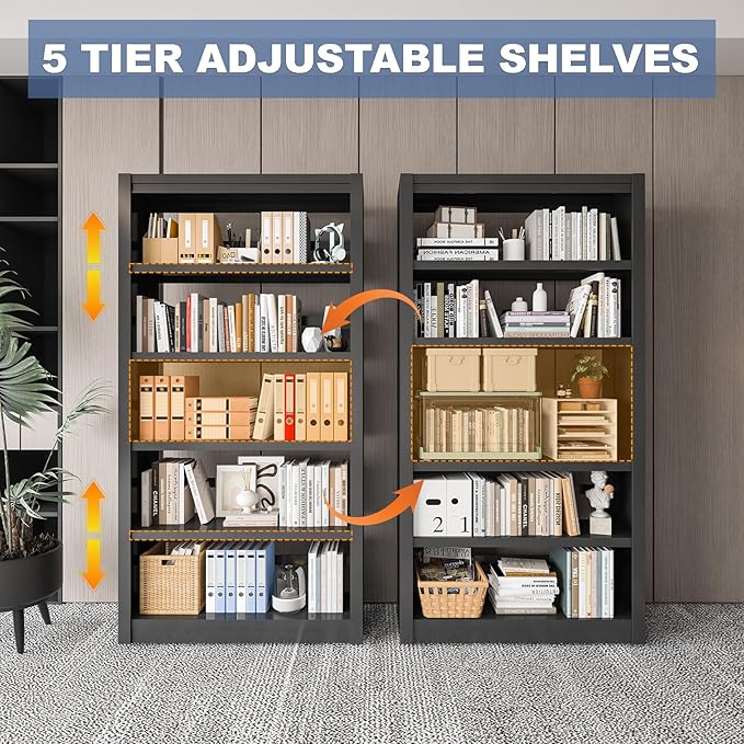 Metal Bookshelf Adjustable - 61" Tall Black Bookcase, 5 Tier Book Shelf, Tooless Assembly Book Case, Modern Bookshelves and Bookcases for Home Office, Living Room, Bedroom, Library