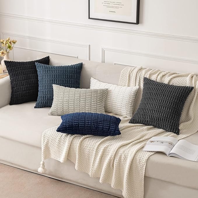 MIULEE Pack of 2 Corduroy Decorative Throw Pillow Covers 18x18 Inch Soft Boho Striped Pillow Covers Modern Farmhouse Home Decor for Sofa Living Room Couch Bed Dark Grey