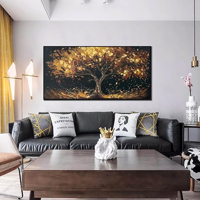 Tree Painting Wall Art for Office - Hand Painted Gold and Black Canvas Wall Art for Living Room - Black Framed Wall Art for Bedroom Size 29" x 59"