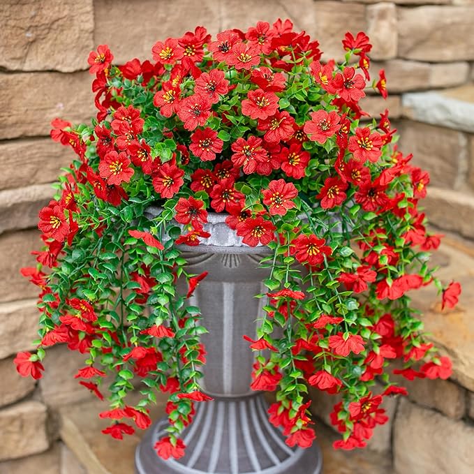 INSPRING Artificial Faux Outdoor Outside Flowers Plants, 2 PCS Fake Silk UV Resistant Look Real Red Daisy Trailing Vines for Front Door Porch Planter Urn Patio Balcony Decoration