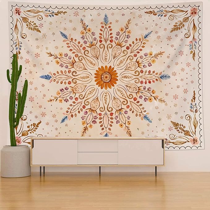 Fowocu Boho Floral Mandala Tapestry for Bedroom Aesthetic Watercolor Bohemian Flower Wall Tapestry Brown Beige Hippie Indian Large Tapestries Wall Hanging for Living Room Dorm Decor 80 x 60 Inch