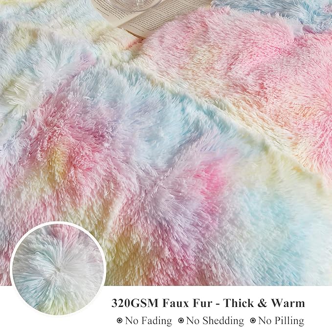 XeGe Plush Faux Fur Rainbow Throw, Tie Dye 50x60 Shaggy Furry Blanket, Fluffy Microfiber Velvet Couch Throw, Soft Colorful Fuzzy Lap Blanket for Girls Teens Women Kid Rainbow Print