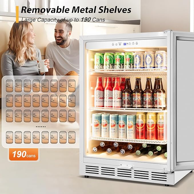 Tylza Beverage Refrigerator 24 Inch, Under Counter/Freestanding Drink Fridge, 190 Cans Beverage Cooler with Glass Door, Reversible Door, Low Noise, Quick Cooling - for Beer, Soda, ETC, White