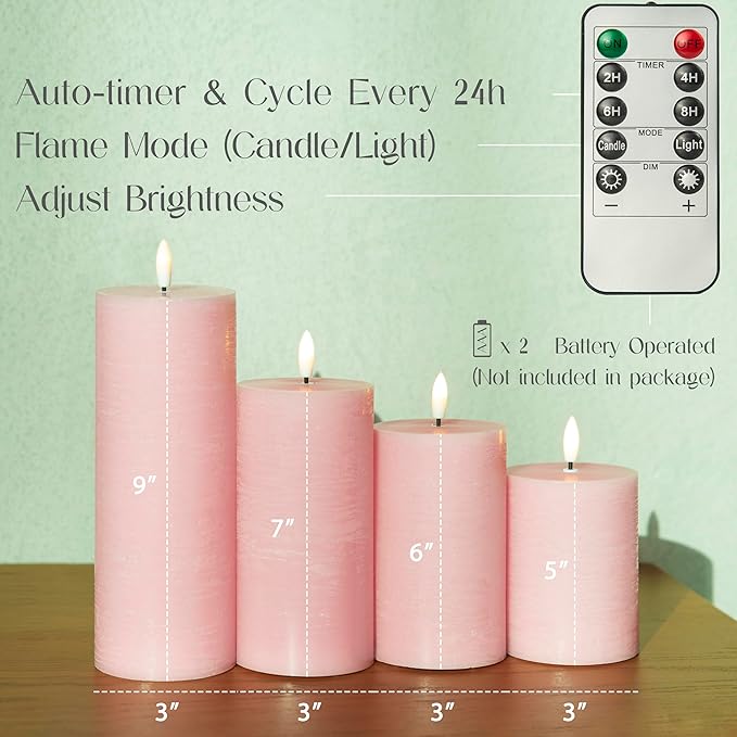 LUSHABOR Flameless Candles, 4 Pack Battery Operated Candles with Remote, Real Wax LED Fake Candles with Timer Flickering for Christmas Wedding Home Party D3 H 5" 6" 7" 9" Pink