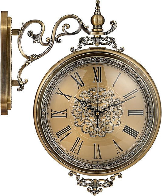 Large Vintage Double Sided Wall Clock with Glass & Metal, Roman and Arabic Numerals, Silent Non-Ticking Battery Operated Antique Clock for Living Room, Office, Hallway Decor (15x18.5 Inch)