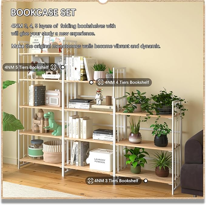 4NM No Assembly 3 Tiers Folding Bookshelf, 35" H Foldable Storage Shelves Vintage Bookcase Standing Racks Study Organizer Home Office - Natural White