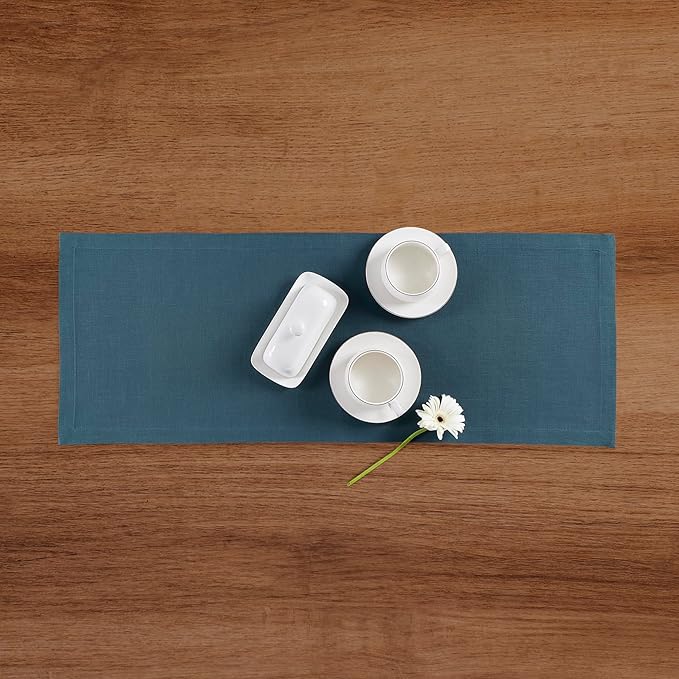 Solino Home Peacock Blue Table Runner 48 Inches - 100% Pure Linen Short Table Runner 14 x 48 Inch Ideal for Dresser and Coffee Tables - Fete