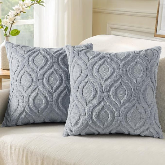 decorUhome Fall Throw Pillow Covers 20x20 Inch Set of 2, Soft Plush Decorative Faux Fur Blue Grey Solid Couch Pillow Covers, Accent Farmhouse Neutral Square Euro Pillow Cases for Sofa Bed Living Room