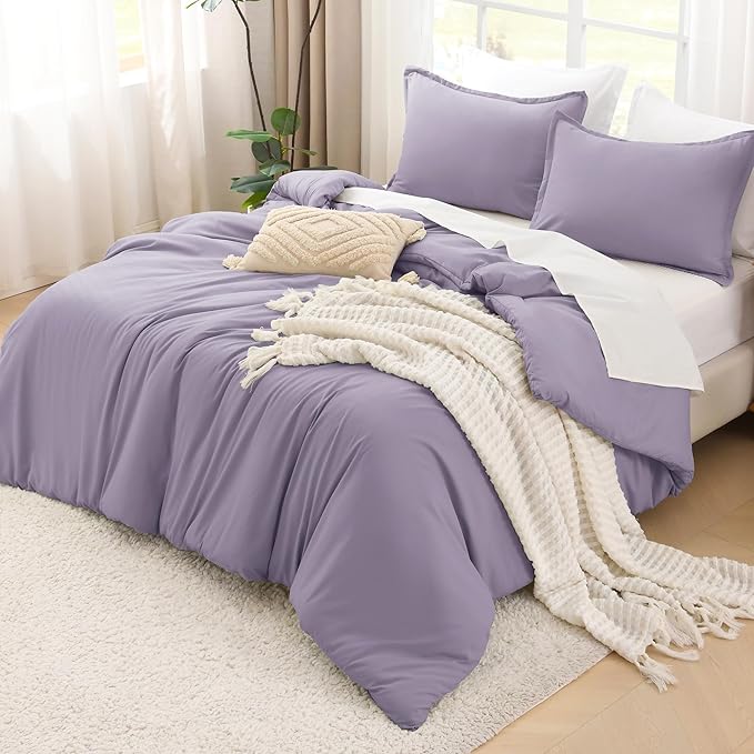 Litanika Grayish Lavender Purple Comforter Set King Size, 3 Pieces Lightweight Solid Bedding Comforter Set, All Season Fluffy Bed Set (104x90In Comforter & 2 Pillowcases)