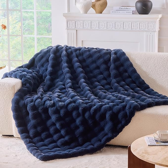 BENVWE Fluffy Faux Fur Throw Blanket for Couch, Soft Plush Thick Cozy Fuzzy Luxury Minky Bubble Blanket for Home Living Room Decor Gift for Women, Navy Blue, 63" x 80", 1100GSM