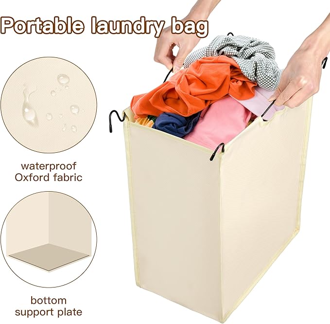 MYOYAY 3 Section Laundry Sorter with Garment Hanging Bar Rack Foldable Ironing Board, Laundry Basket Organizer Heavy Duty Laundry Hamper Rolling Cart with Lockable Wheels and 3 Removable Bags