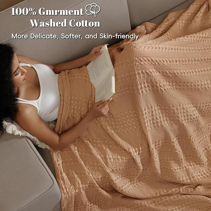 PHF 100% Cotton Waffle Weave Blanket Queen Size, Soft Lightweight Breathable Cozy Summer Blankets for Bed, Luxury Aesthetic Woven Bedding for Home Decor, 90"x90", Camel