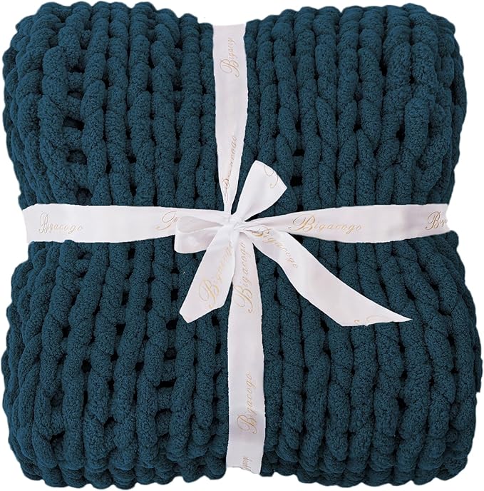 Bigacogo Chunky Knit Throw Blanket for Couch, 51x63 inches, 100% Hand Knitted with Thick Jumbo Chenille Yarn, Cozy Soft Large Rope Knot Cable Crochet Blankets for Sofa Bed Living Room, Deep Sea Blue