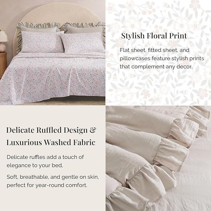 King Comforter Set - 7 Pieces Ruffle Beige Bedding Sets, Shabby Chic Farmhouse Bed in a Bag King with Ruffle Comforter, Floral Sheets, Pillowcases & Shams