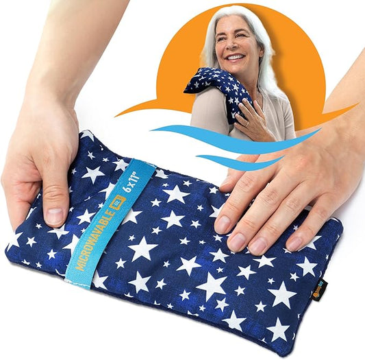 SunnyBay Small Microwave Heating Pad, Microwavable Versatile Cold/Heated Neck and Shoulder Wrap for Back Pain and More, Moist Heat Cotton-Fleece Pad with Flax Seed Filling, 6x11 in, Blue Stars