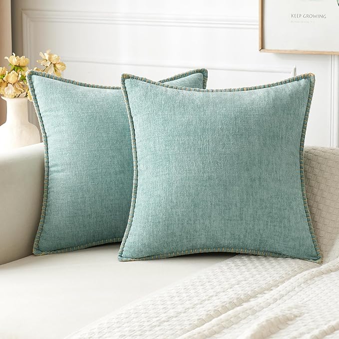 MIULEE Pack of 2 Couch Throw Pillow Covers 18x18 Inch Aqua Green Farmhouse Decorative Pillow Covers with Stitched Edge Soft Chenille Solid Dyed Spring Pillow Covers for Sofa Bed Living Room
