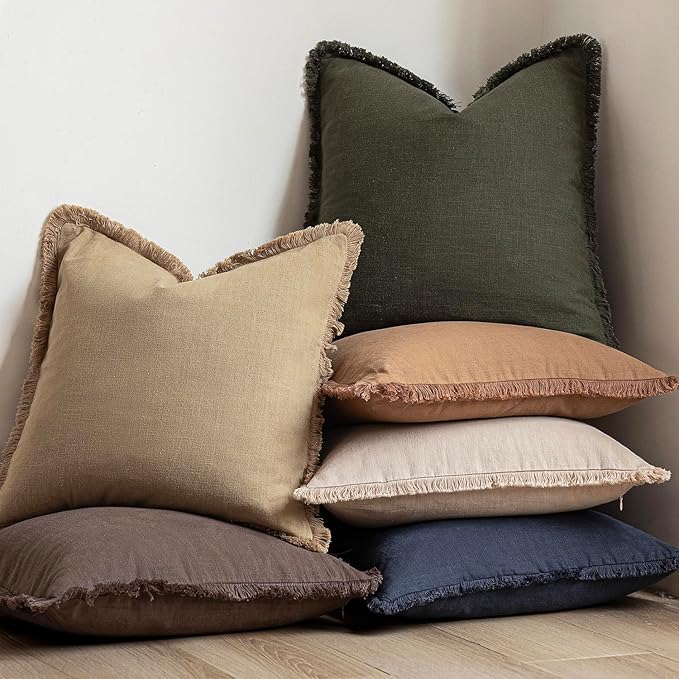 Foindtower Decorative Linen Fringe Throw Pillow Covers Boho Farmhouse Cushion Cover with Tassels Soft Accent Pillowcase for Chair Sofa Bed Living Room Home Decor, 16×16 Inch, 1PC,Light Khaki Taupe