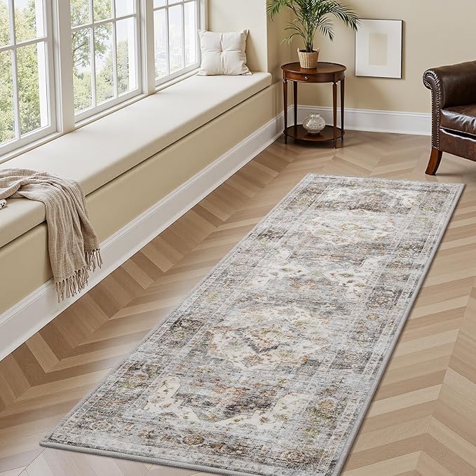 AMOAMI-2X6 Runner Rug-Washable Runners for Hallways-Soft Non Slip Bedside Rugs for Bedroom-Vintage Long Rug for Hallways Entryway Laundry Room Stair Kitchen Bathroom Grey