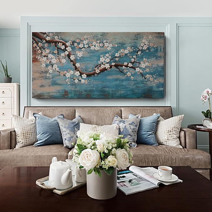 Large Canvas Wall Art for Living Room- 100% Hand-Painted Oil Painting with Texture, Extra Large Gallery Wrapped Floral Plum Blossom Tree Artwork Blue Teal Lake Wall Picture for Bedroom, Office Decor