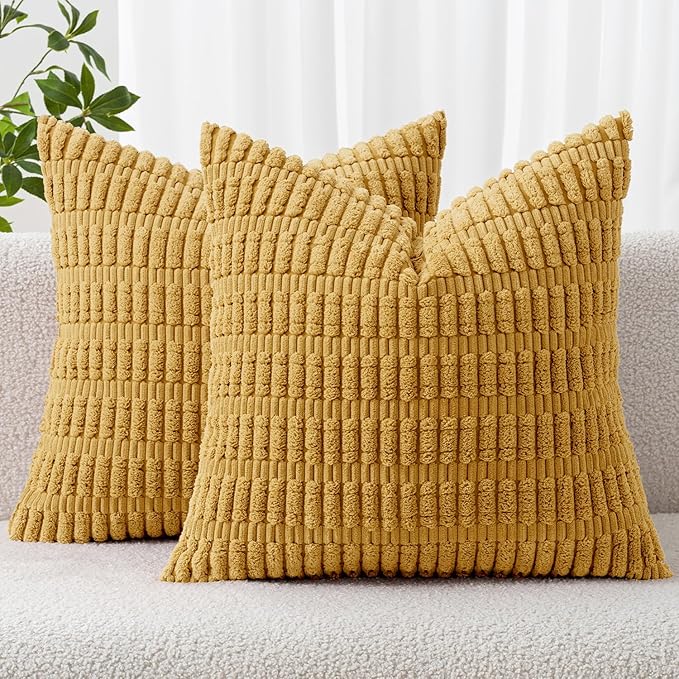 MIULEE Pack of 2 Corduroy Decorative Throw Pillow Covers 16x16 Inch Soft Boho Striped Pillow Covers Modern Farmhouse Home Decor for Summer Sofa Living Room Couch Bed Yellow