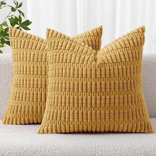 MIULEE Pack of 2 Corduroy Decorative Throw Pillow Covers 16x16 Inch Soft Boho Striped Pillow Covers Modern Farmhouse Home Decor for Summer Sofa Living Room Couch Bed Yellow