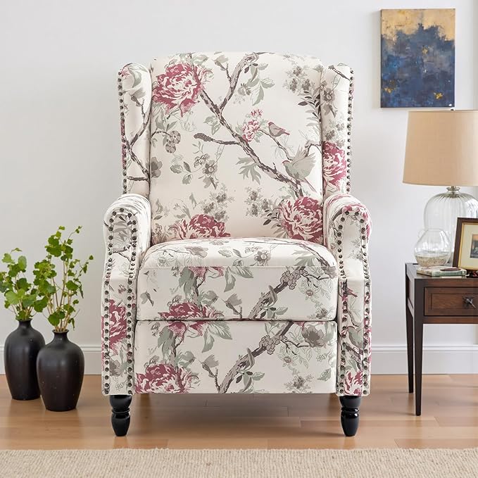 UIXE Recliner Chairs Set of 2, Fabric Armchair Upholstered Pushback Accent Chair for Living Room, Rivet Trim Club Chair Home Theater Single Sofa Bedroom Side Reading Seat - Beige Floral