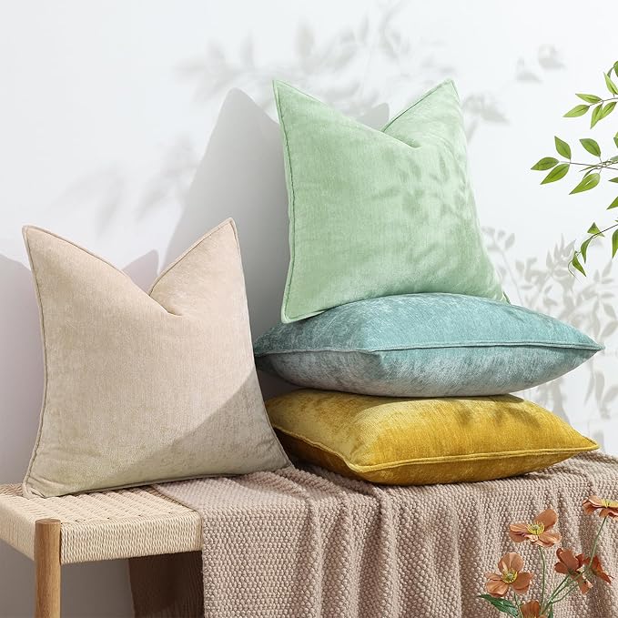 decorUhome Couch Throw Pillow Covers 22x22 Set of 2, Decorative Soft Euro Neutral Chenille Pillow Covers with Elegant Design for Sofa Bed Living Room Home Decor, Beige