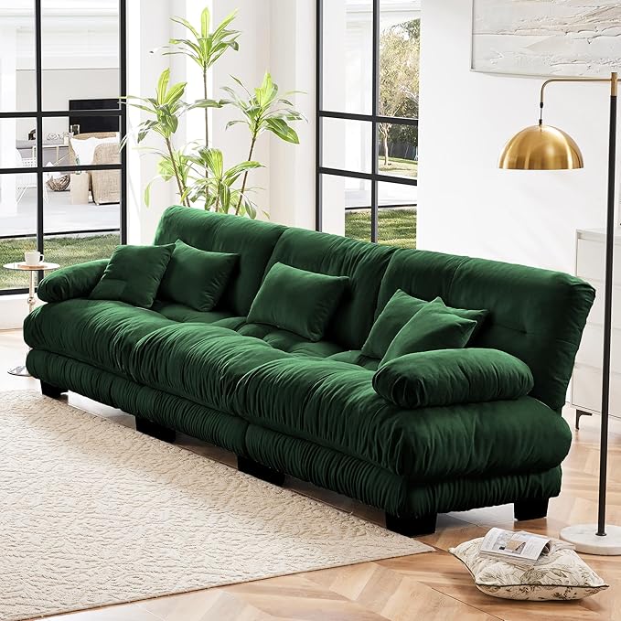 Modular Sectional Sofa, Comfy Cloud Couch 3 Seater Couch, Sectional Couches for Living Room, Modern Chenille Oversized Couches for Bedroom, Sleeper Deep Seat Sofa with Throw Pillows, Green