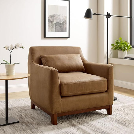 Extra Deep Accent Chair, Comfy Fabric Armchair with Wood Base, Upholstered Single Sofa Chair for Living Room & Bedroom, Faux Leather Brown
