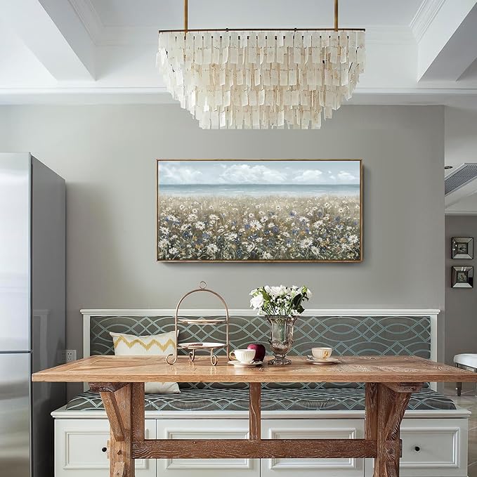 amatop Large Wall Art for Living Room Framed Boho Beach Coastal Floral Ocean Wall Picture Farmhouse Daisy Flower Sea Canvas Print Nautical Neutral Vintage Warm Artwork Home Bedroom Office Decor 48x24