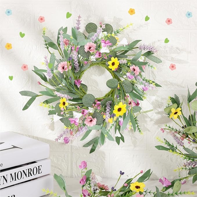 6 Pcs Spring Summer Artificial Flowered Swag Wreaths 3" Mini Floral Daisy Hanging Wreaths for Kitchen Cabinets Pillar Candle Holder Wreath for Wedding Farmhouse Porch Wall Window Door Tabletop Decor