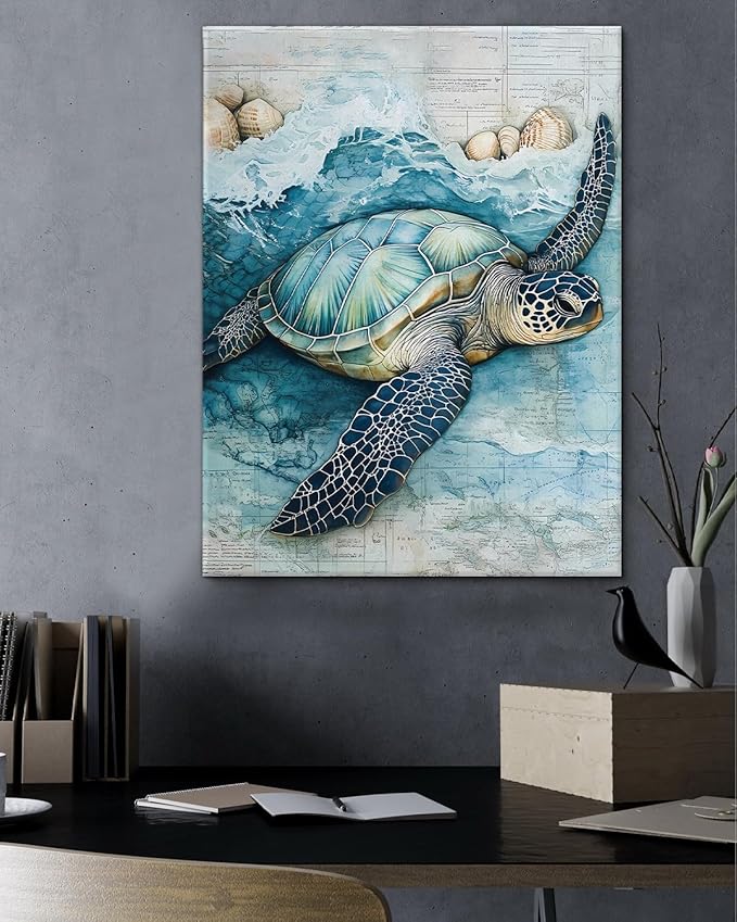 Coastal Sea Turtle Canvas Wall Art Turtle Nautical Ocean Theme Print Poster Framed Picture Painting for Home Beach House Bedroom Wall Decor 11x15 Inch