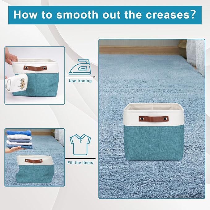 Storage Bins Large Fabric Storage Baskets for Shelves 3 Pack, Decorative Linen Closet Baskets with Handles for Organizing, Shelf, Clothes, Home, Office, 15x11x9.5Inches (Teal&White)