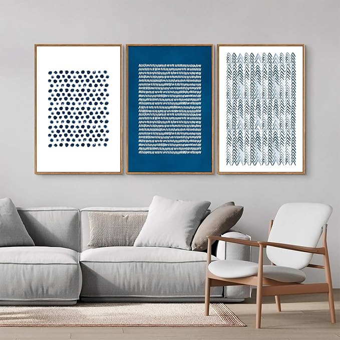 Tinonedraw Navy Blue White Framed Canvas Wall Art Set, Modern Geometric Dots Line Wall Decor, Neutral Abstract Shape Artwork, Cozy Contemporary Art Prints for Bedroom Living Room Office 16"x24"x3
