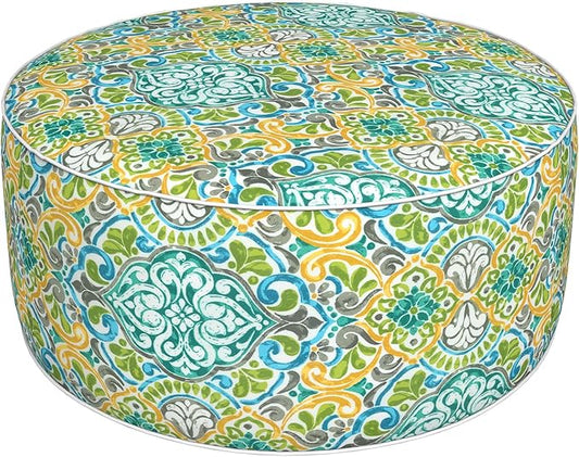 Inflatable Ottoman Stool D31 xH14 for Outdoor/Indoor Use, Water Repellent Patio Foot Rest Stool with Portable Handle,Round Pouf Ottoman Suitable for Garden,Deck and Camping - Damask Green