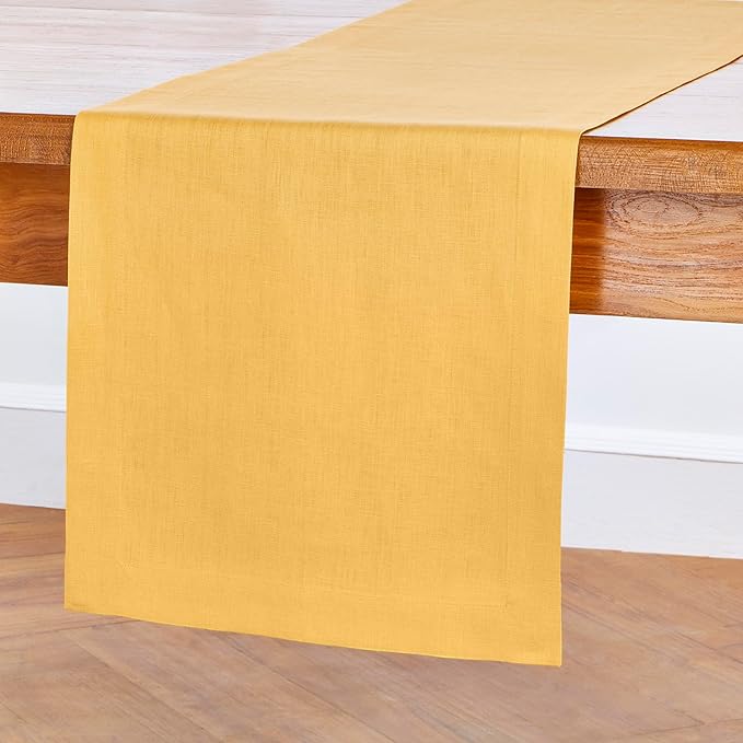 Solino Home Linen Mustard Yellow Table Runner 48 Inches - 100% Pure Linen Farmhouse Short Table Runner 14 x 48 Inch Ideal for Dresser and Coffee Tables - Fete