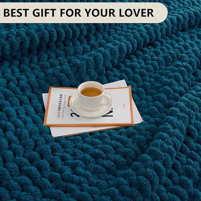 L'AGRATY Chunky Knit Blanket Throw: 80''x90'' Chenille Chunky Knitted Throw Blankets for Bed Couch - Handmade Thick Big Cable Knit Blanket - Large Crochet Rope Blankets for Home Decor(Blue)