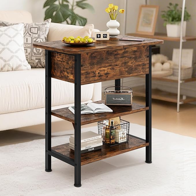 End Table with Charging Station, Flip Top Side Table with USB Ports and Outlets, 3-Tier Small Side Table with Storage for Small Space, End Tables for Living Room/Bedroom, Brown