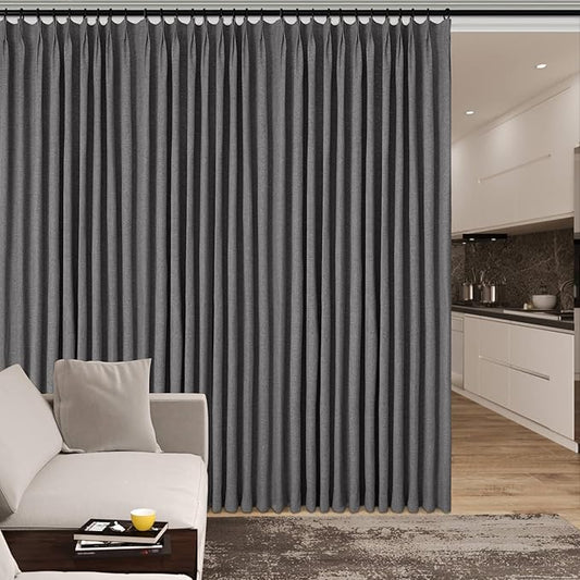 150 Inches Extra Wide Room Divider Draperies, Pinch Pleat Drapes, Absolutely Blackout Sliding Door Drapery, Total Privacy Ceiling Track Curtains, 150" W by 102" L, Natural Grey (1 Panel)
