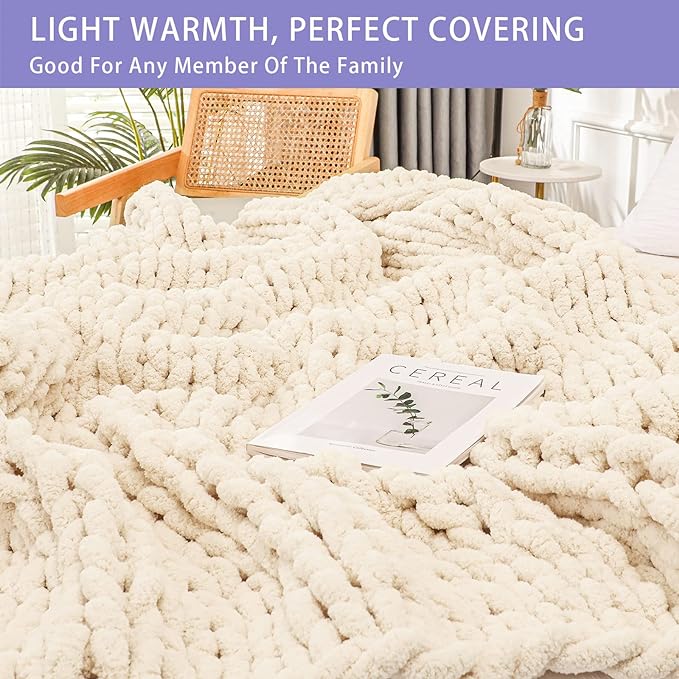 Bigacogo Chunky Knit Throw Blanket for Couch, 80x90 inches, 100% Hand Knitted with Thick Jumbo Chenille Yarn, Cozy Soft Large Rope Knot Cable Crochet Blankets for Sofa Bed Living Room, Beige