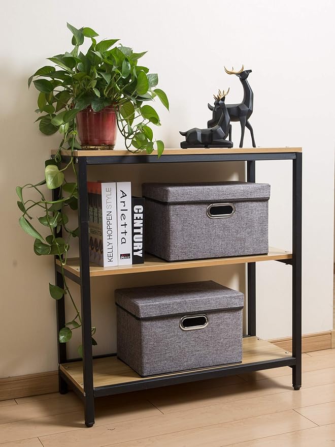 PRANDOM Collapsible Storage Containers with Lids [5-Pack] Linen Fabric Foldable Storage Bins Boxes Organizer Baskets Cube with Cover for Home Bedroom Closet Office Nursery (14.9x9.8x9.8)