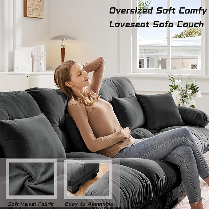 Modular Sectional Sofa Cloud Couch 4-Seater Deep Seat Sofa Couch, Oversized Couch Bed Sectional Couch with Round Bolster Armrests 6 Pillows, Modern Sofa Chair Comfy Couch(Gray)