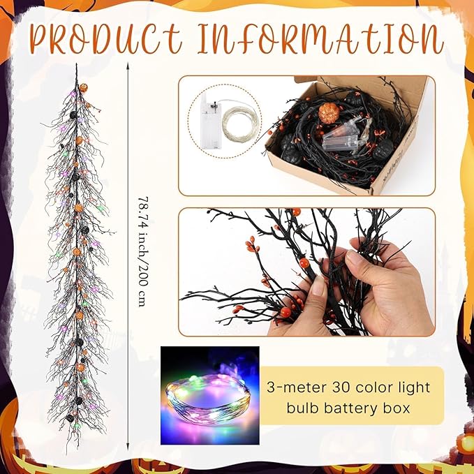 6.5 Ft Halloween Garland Black Willow Vine Decor with 9.8FT Lights Artificial Branches Berries Pumpkin Vines Halloween Realistic Garland for Home Fireplace Table Window Mantle Party Holiday Decor